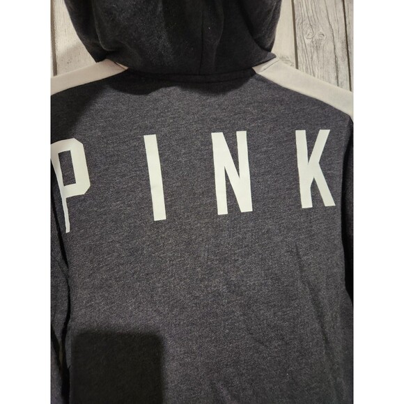 Victoria's Secret PINK Hoodie XS Logo Gray White Stripe Lace Up Neckline Slits - Picture 8 of 9